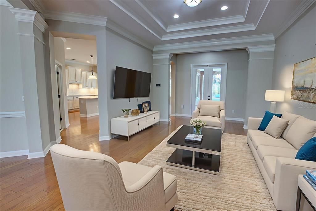 Interior, Living room, Pendant Lights, Recessed Lighting, Wood Texture Flooring