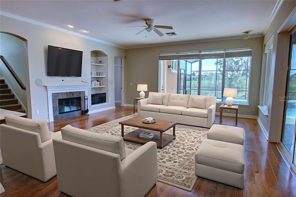 Fireplace, Interior, Living room, Recessed Lighting, Wood Texture Flooring