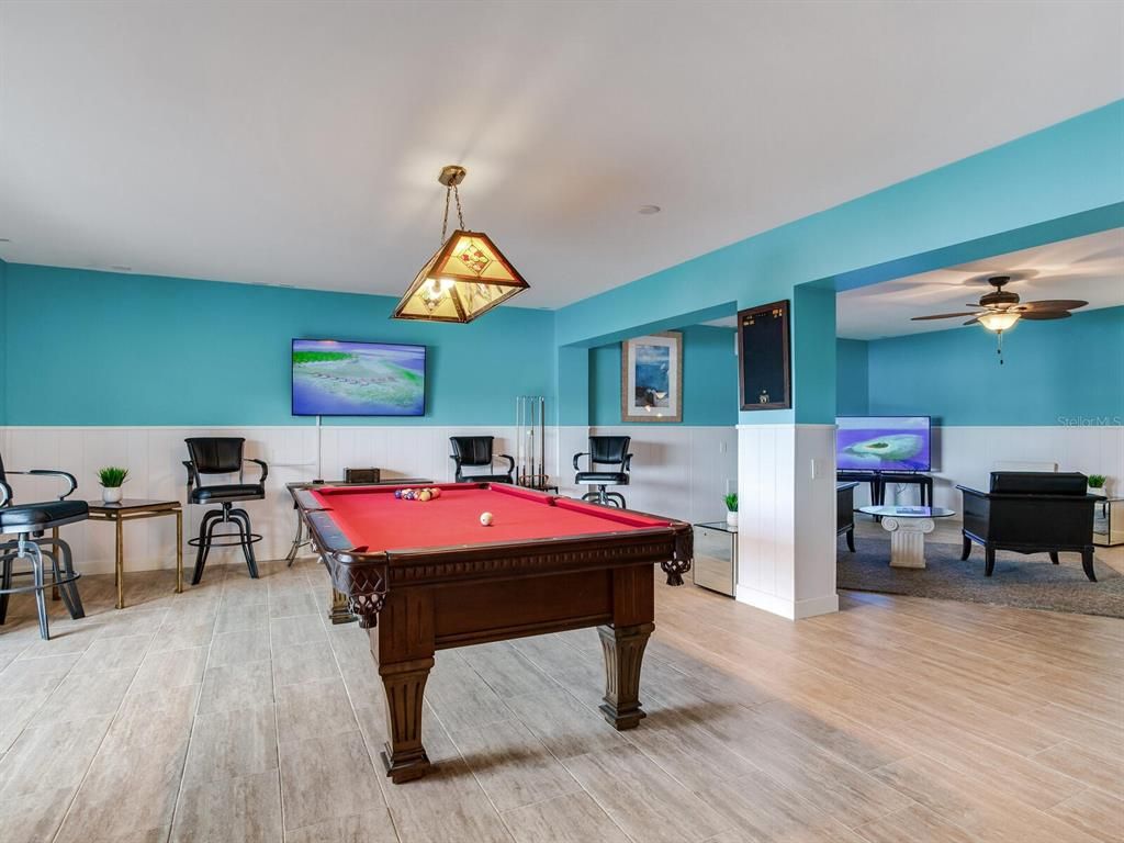 Billiard Table, Game Room, Interior, Pendant Lights, Wood Texture Flooring
