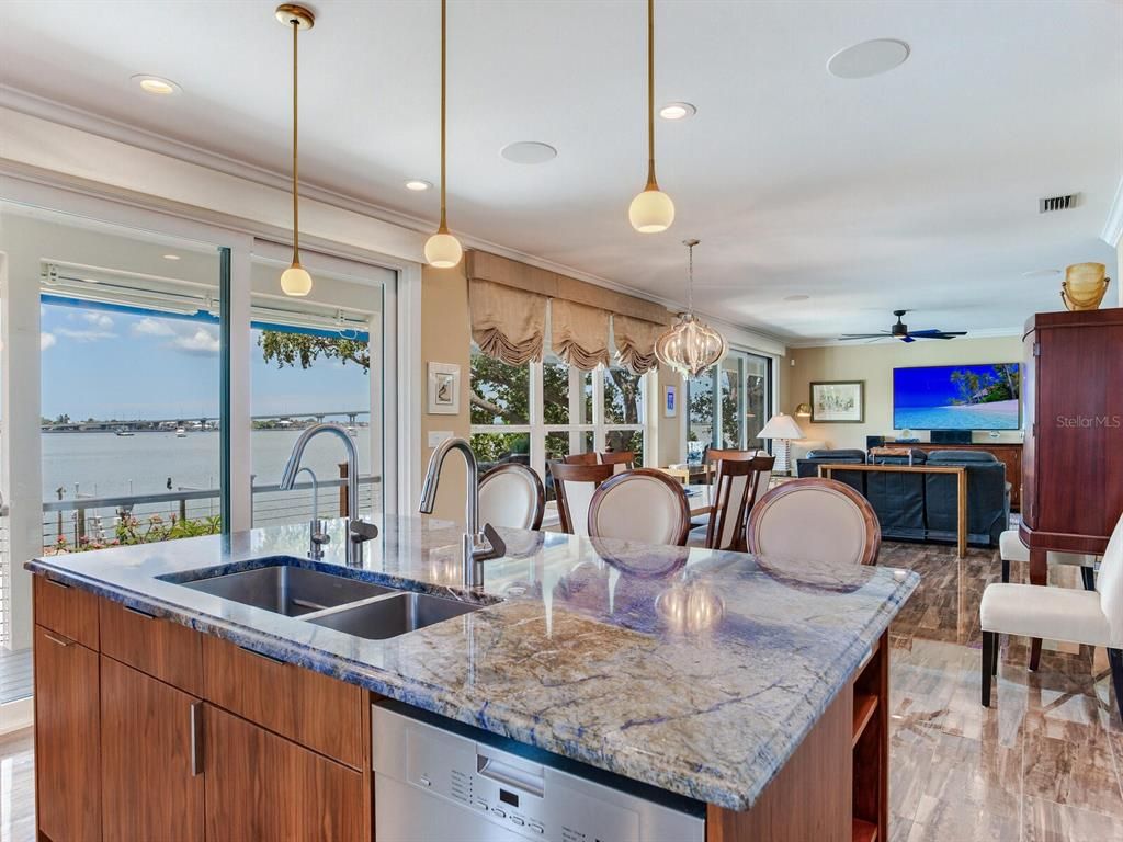 Dining room, Interior, Kitchen, Living room, Pendant Lights, Recessed Lighting, Water, Wood Texture Flooring