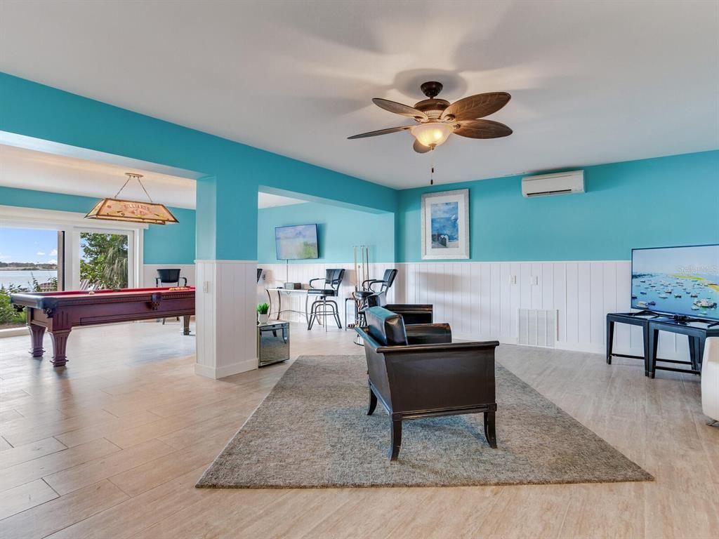 Billiard Table, Game Room, Interior, Pendant Lights, Wood Texture Flooring