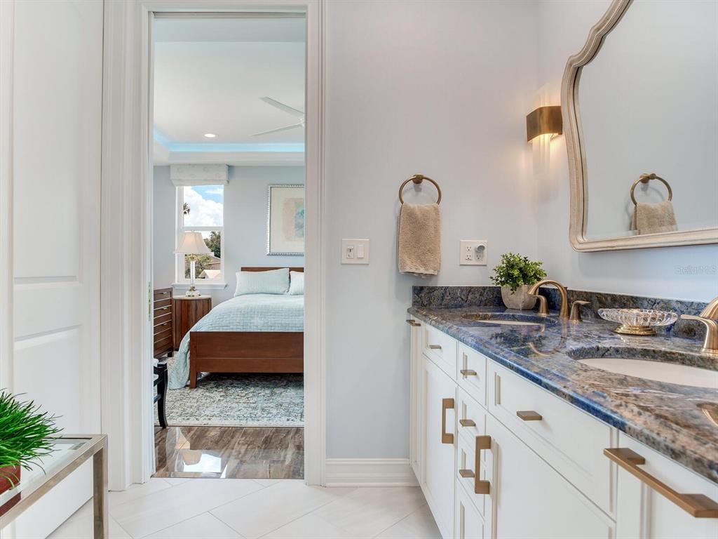 Bathroom, Bedroom, Dual Sink Vanities, Interior, Recessed Lighting, Wood Texture Flooring