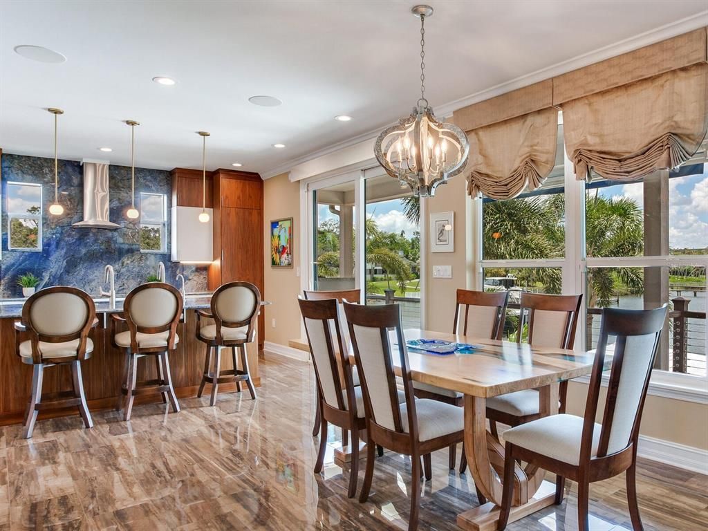 Chandelier, Dining room, Interior, Pendant Lights, Recessed Lighting, Wood Texture Flooring