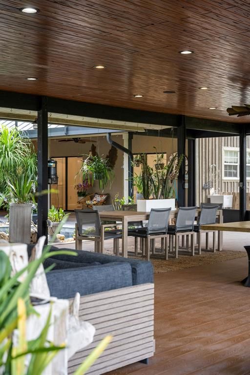 Dining room, Interior, Recessed Lighting, Wooden Ceilings, Wood Texture Flooring