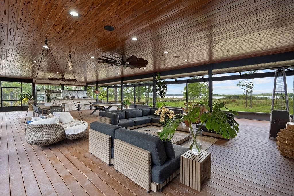 Dining room, Interior, Living room, Pendant Lights, Recessed Lighting, Wooden Ceilings, Wood Texture Flooring