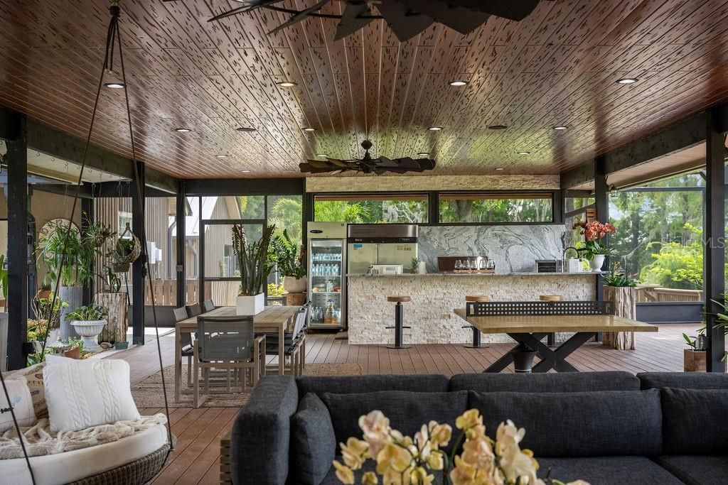 Dining room, Fireplace, Interior, Living room, Recessed Lighting, Wooden Ceilings