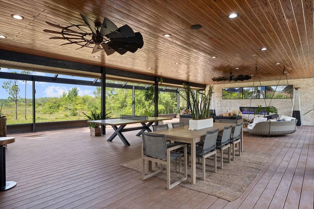 Dining room, Game Room, Interior, Recessed Lighting, Wooden Ceilings, Wood Texture Flooring