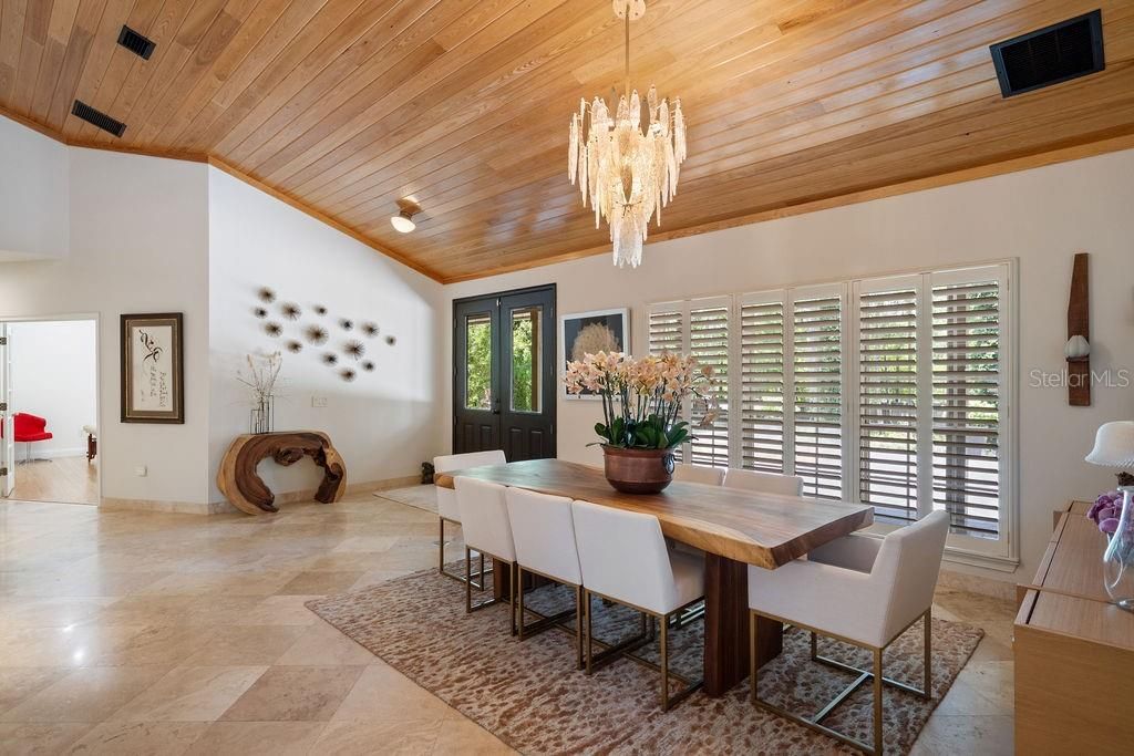Chandelier, Dining room, Interior, Wooden Ceilings