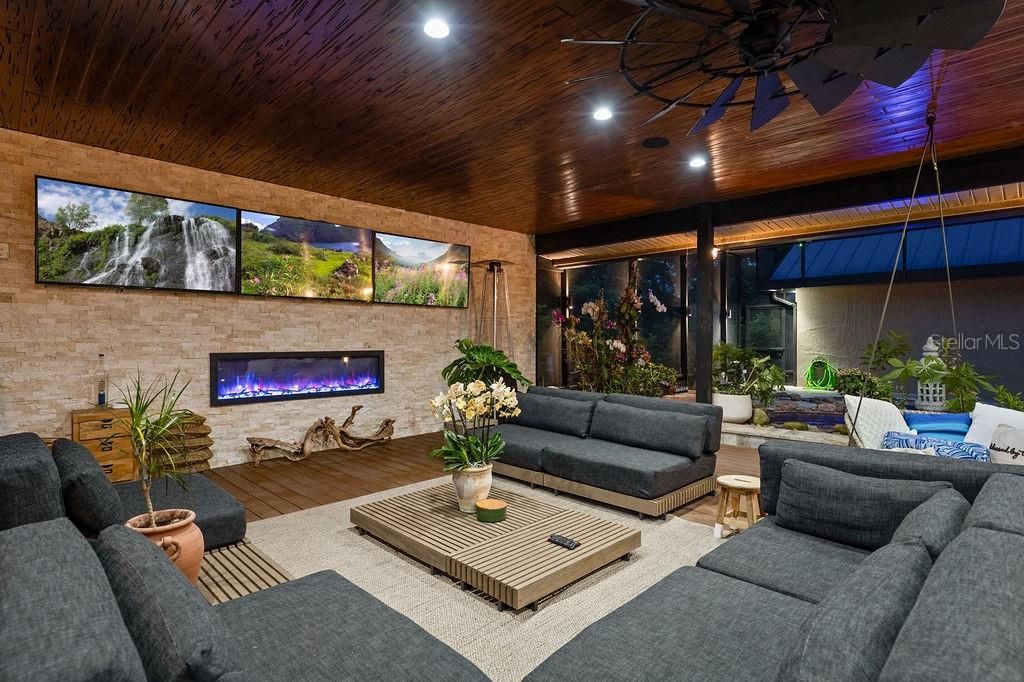 Fireplace, Interior, Living room, Recessed Lighting, Stone Walls, Wooden Ceilings, Wood Texture Flooring