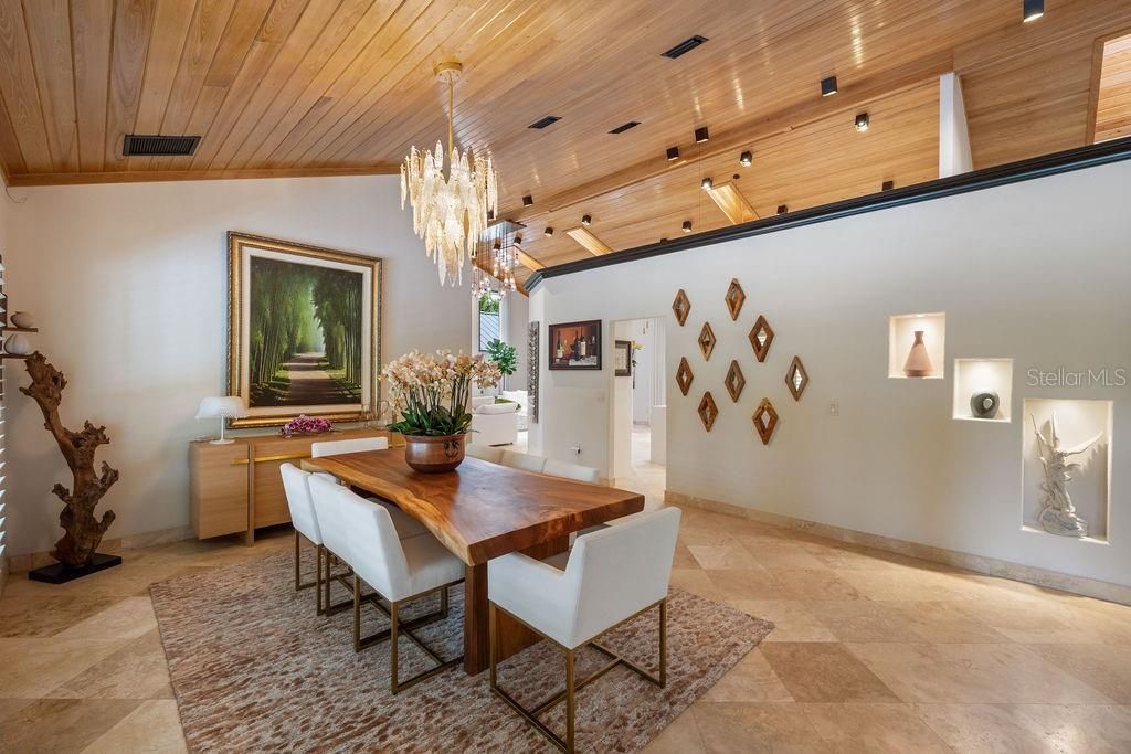 Chandelier, Dining room, Interior, Recessed Lighting, Wooden Ceilings