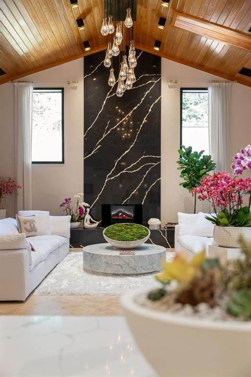 Fireplace, Interior, Living room, Marble Walls, Pendant Lights, Wooden Beams, Wooden Ceilings