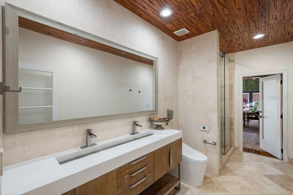 Bathroom, Dual Sink Vanities, Interior, Recessed Lighting, Wooden Ceilings