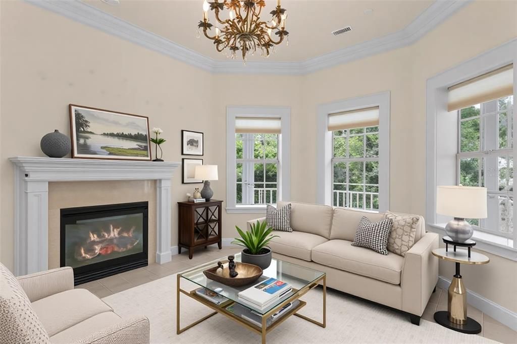 Chandelier, Fireplace, Interior, Living room