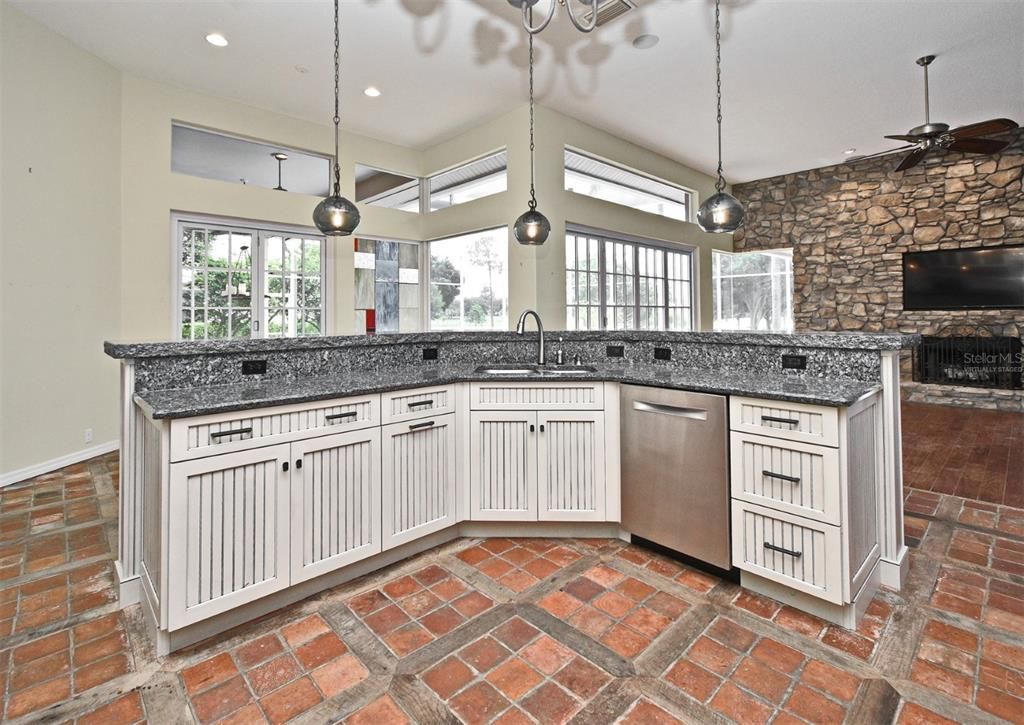 Fireplace, Interior, Kitchen, Pendant Lights, Recessed Lighting, Stone Walls