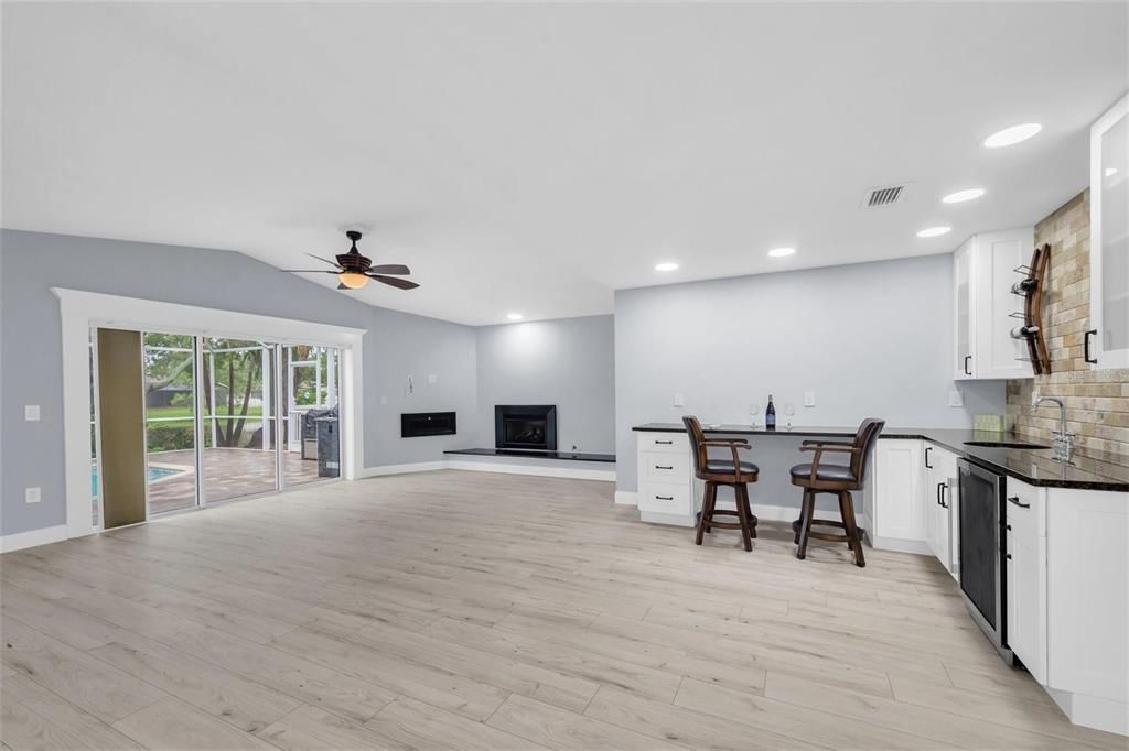 Fireplace, Interior, Recessed Lighting, Wood Texture Flooring