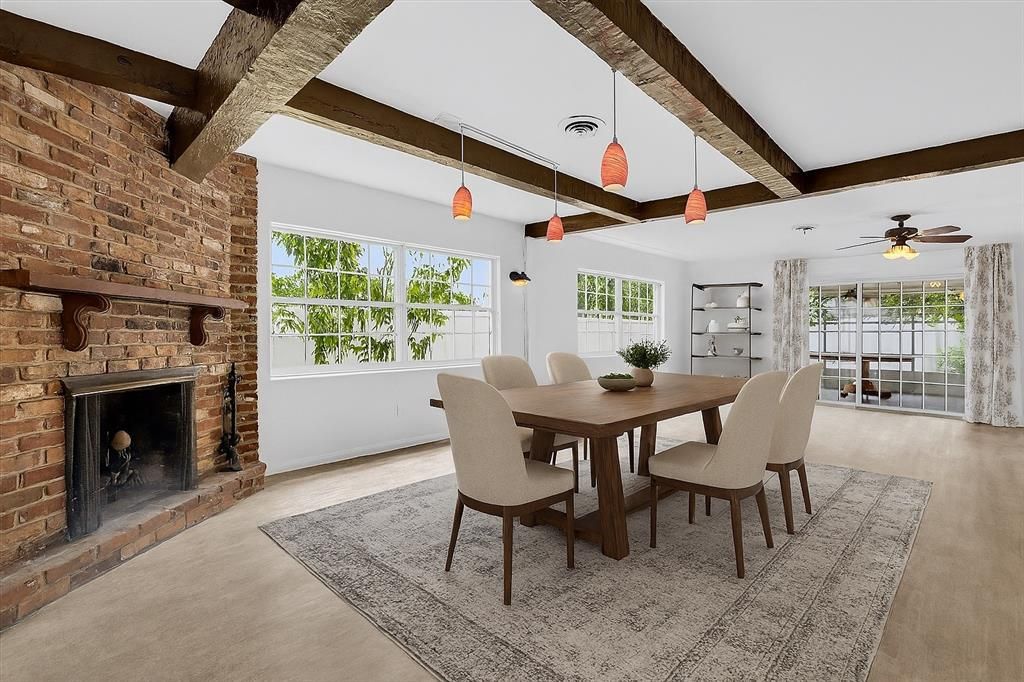 Dining room, Fireplace, Interior, Pendant Lights, Stone Walls, Wooden Beams
