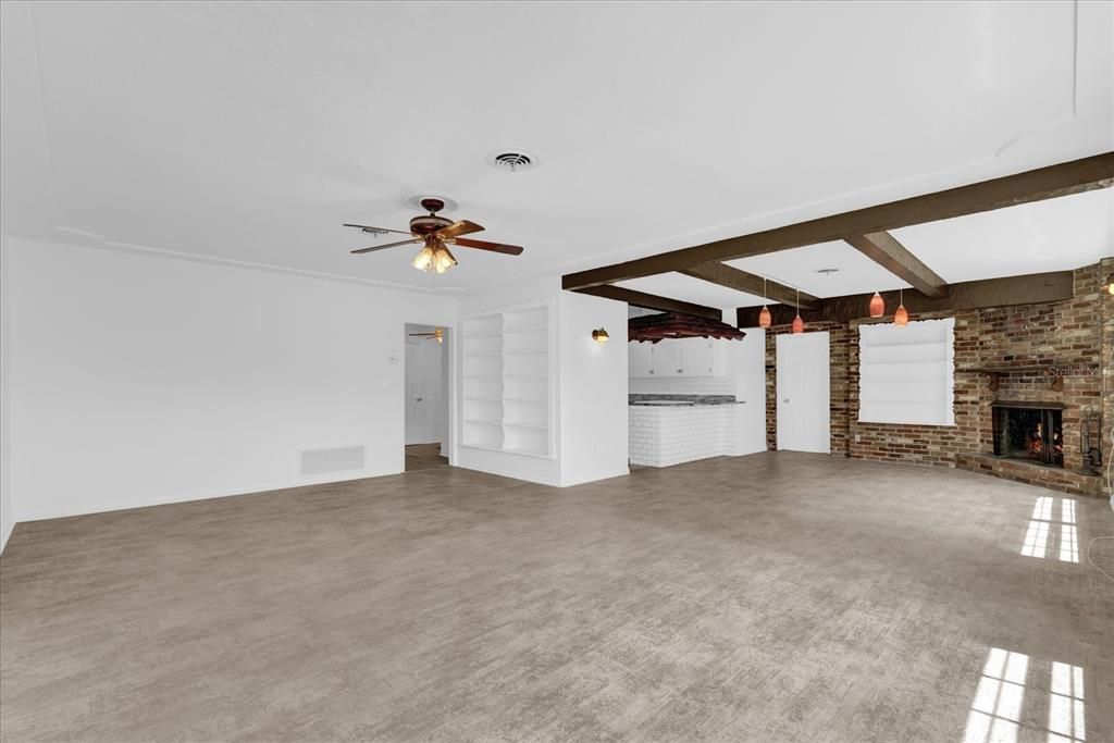 Empty room, Fireplace, Interior, Stone Walls, Wooden Beams