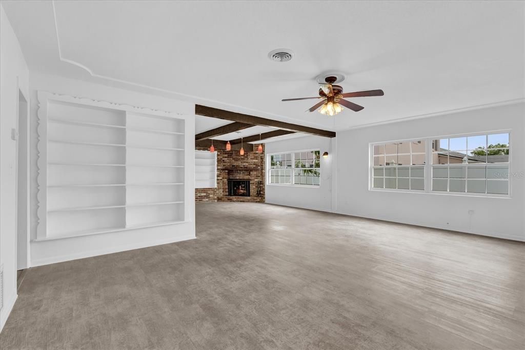 Empty room, Fireplace, Interior, Wooden Beams, Wood Texture Flooring