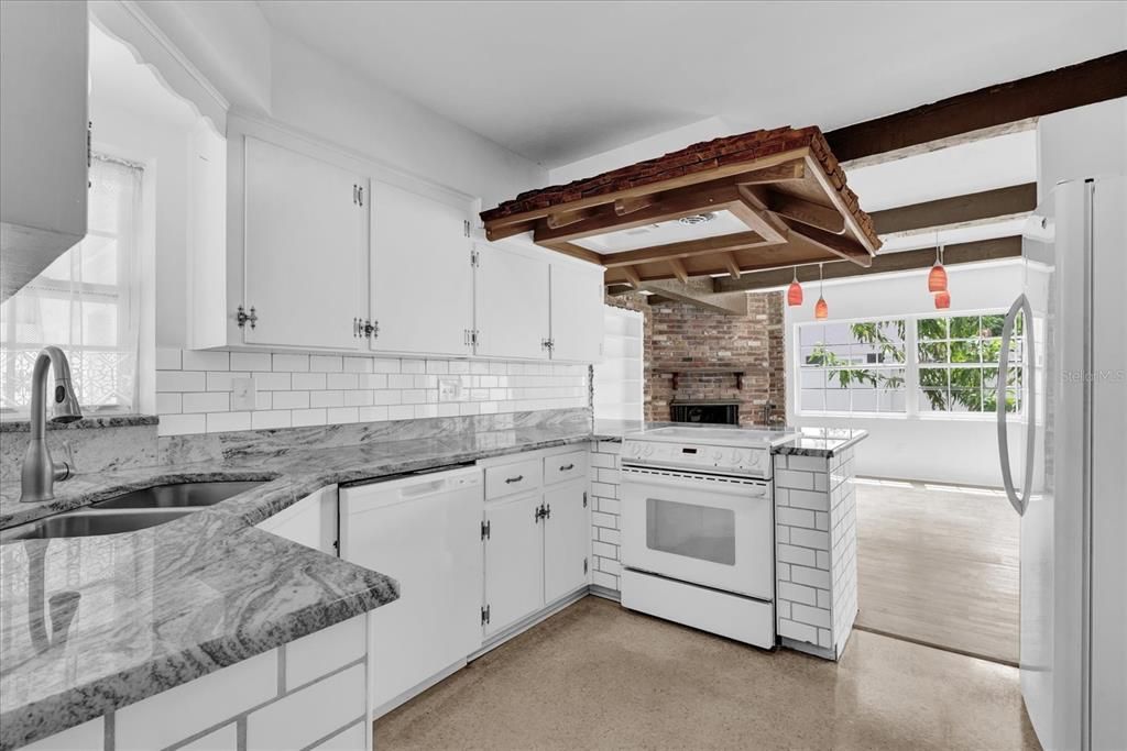 Fireplace, Interior, Kitchen, Stone Walls, Wooden Beams