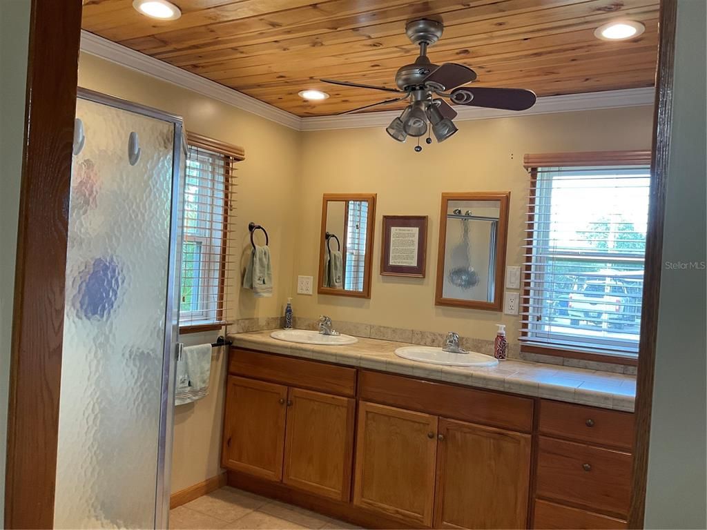 Bathroom, Dual Sink Vanities, Interior, Recessed Lighting, Wooden Ceilings