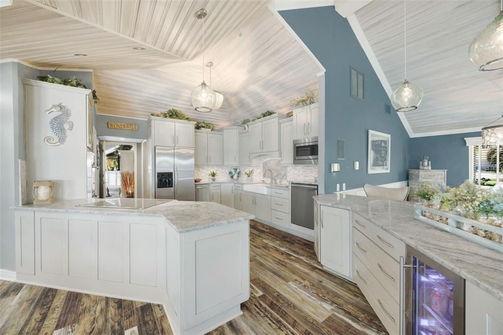 Interior, Kitchen, Pendant Lights, Stainless Steel Appliances, Wooden Ceilings, Wood Texture Flooring