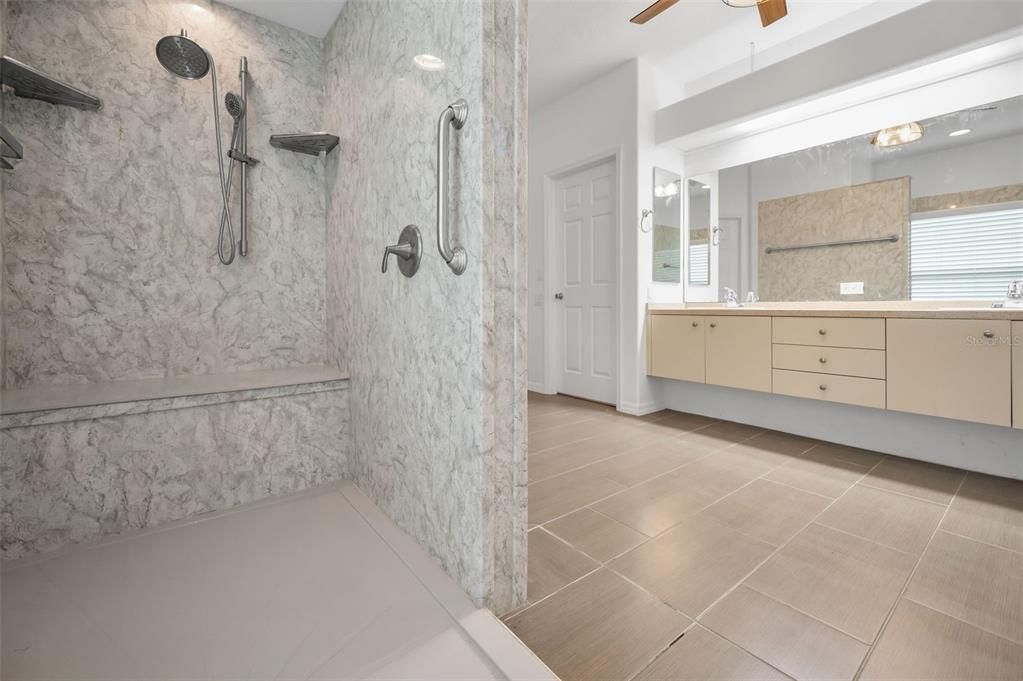 Bathroom, Dual Sink Vanities, Interior, Marble Walls, Recessed Lighting