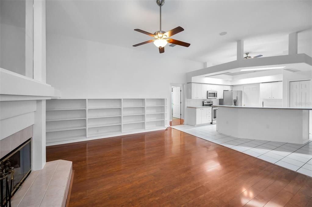 Empty room, Fireplace, Interior, Kitchen, Wood Texture Flooring