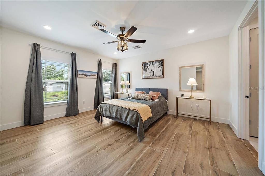 Bedroom, Interior, Recessed Lighting, Wood Texture Flooring