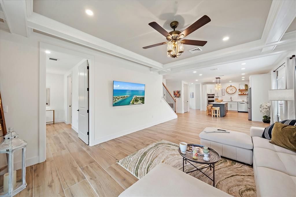 Interior, Kitchen, Living room, Pendant Lights, Recessed Lighting, Stainless Steel Appliances, Wood Texture Flooring