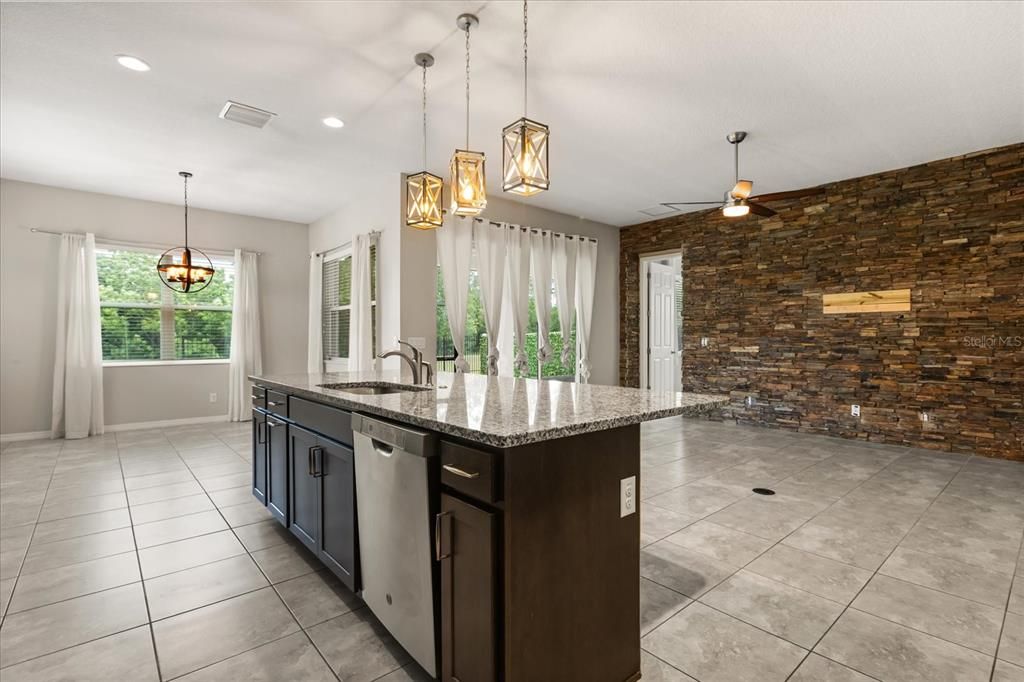 Interior, Kitchen, Pendant Lights, Recessed Lighting, Stone Walls