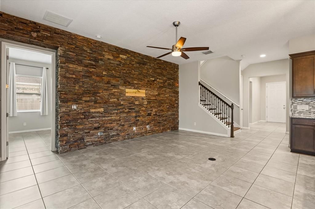 Empty room, Interior, Recessed Lighting, Stone Walls, Wooden Walls