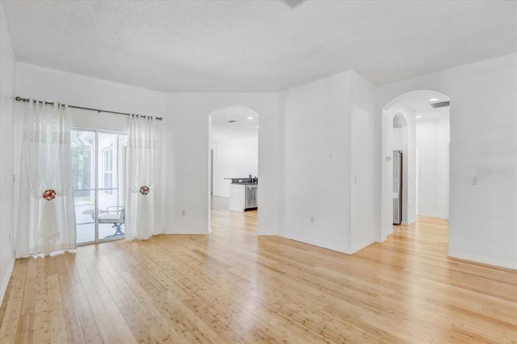 Empty room, Interior, Kitchen, Recessed Lighting, Wood Texture Flooring