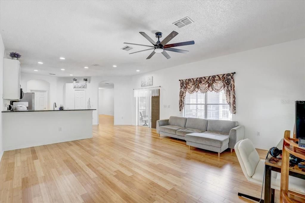 Interior, Kitchen, Living room, Recessed Lighting, Wood Texture Flooring