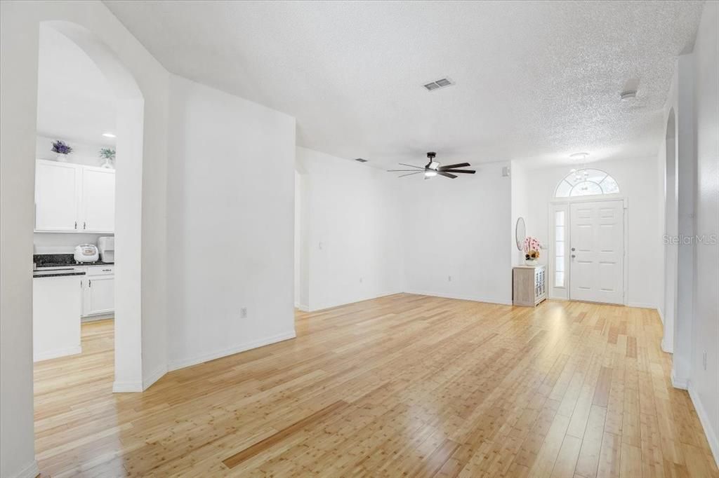 Empty room, Interior, Kitchen, Recessed Lighting, Wood Texture Flooring
