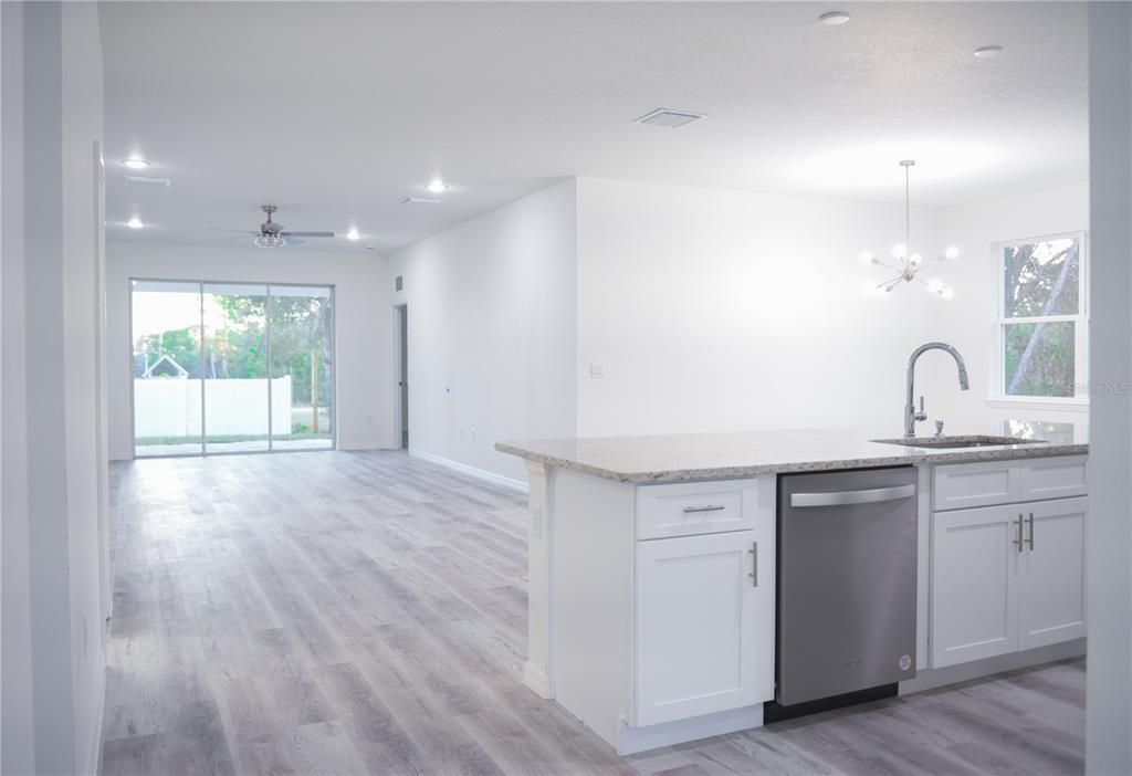 Interior, Kitchen, Pendant Lights, Recessed Lighting, Wood Texture Flooring