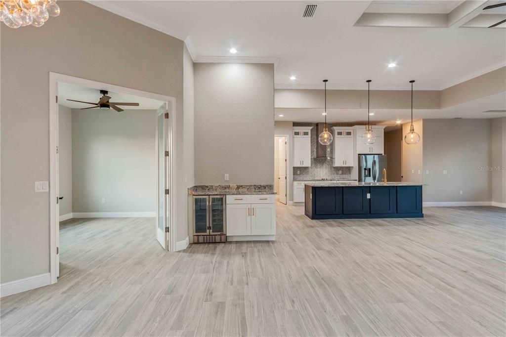 Interior, Kitchen, Pendant Lights, Recessed Lighting, Wood Texture Flooring