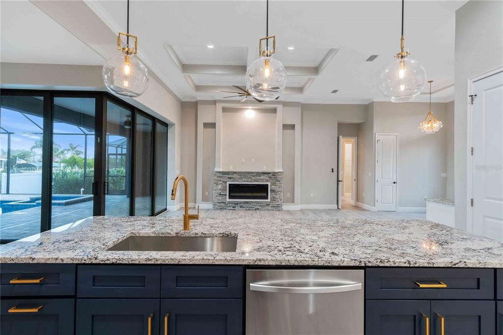 Fireplace, Interior, Kitchen, Pendant Lights, Recessed Lighting, Stainless Steel Appliances
