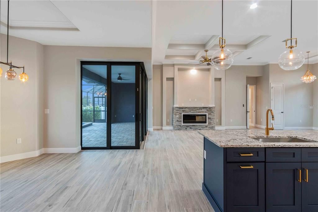 Fireplace, Interior, Pendant Lights, Recessed Lighting, Wood Texture Flooring
