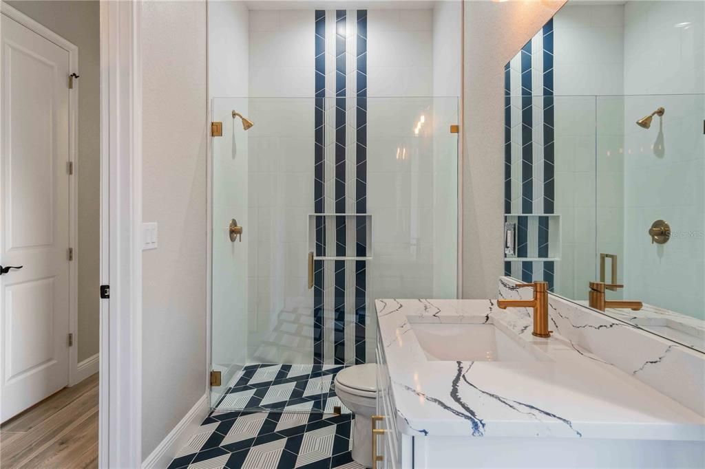 Bathroom, Glass Shower, Interior, Wood Texture Flooring