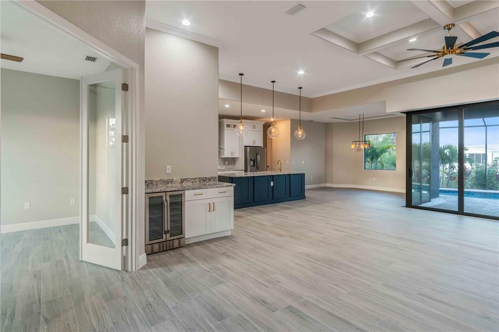 Empty room, Interior, Kitchen, Pendant Lights, Recessed Lighting, Wood Texture Flooring