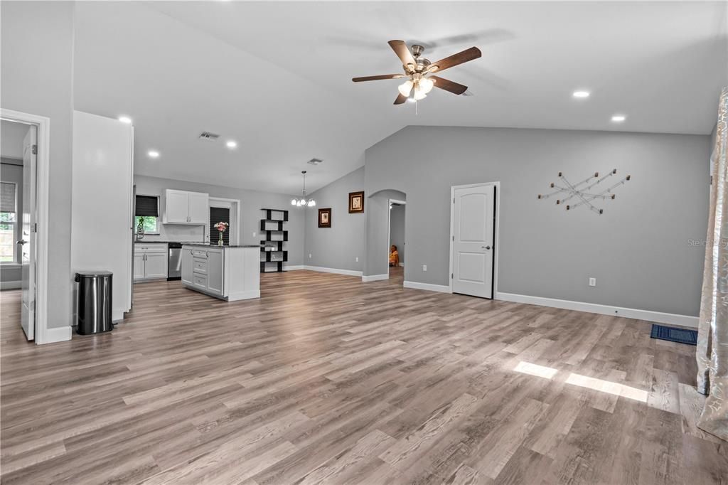 Empty room, Interior, Kitchen, Pendant Lights, Recessed Lighting, Wood Texture Flooring