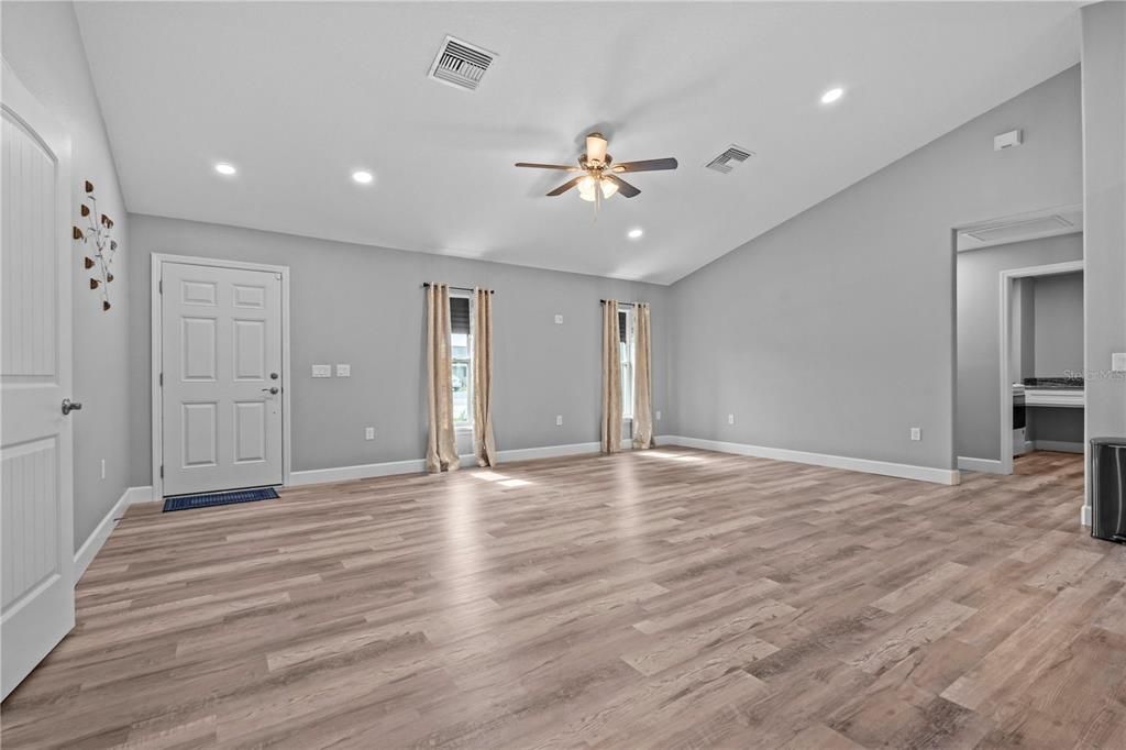 Empty room, Interior, Recessed Lighting, Wood Texture Flooring