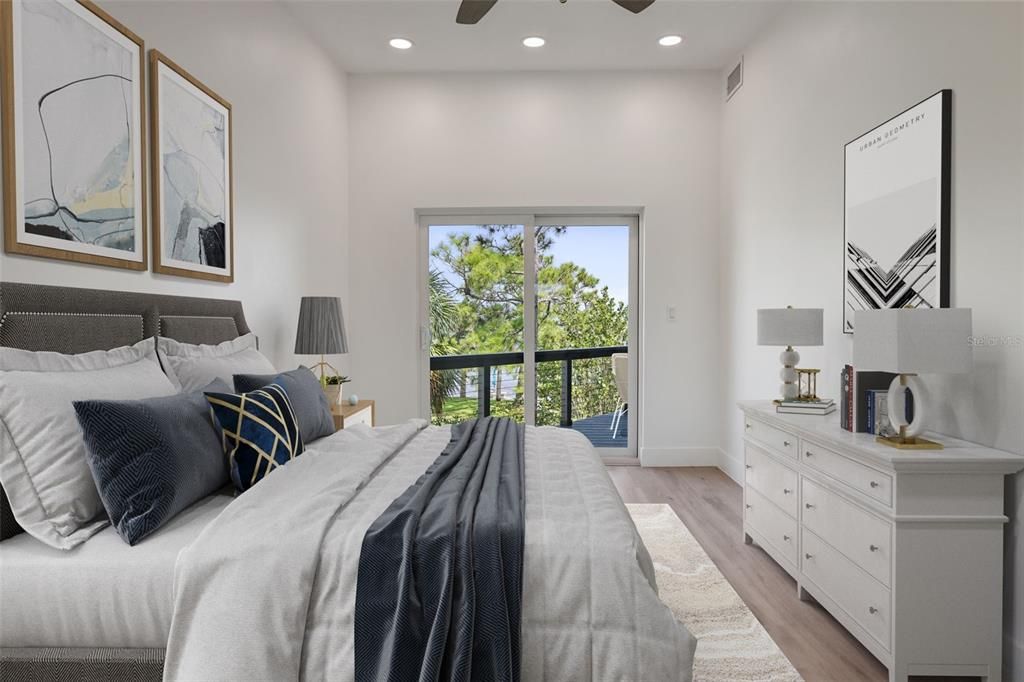 Bedroom, Interior, Recessed Lighting, Wood Texture Flooring