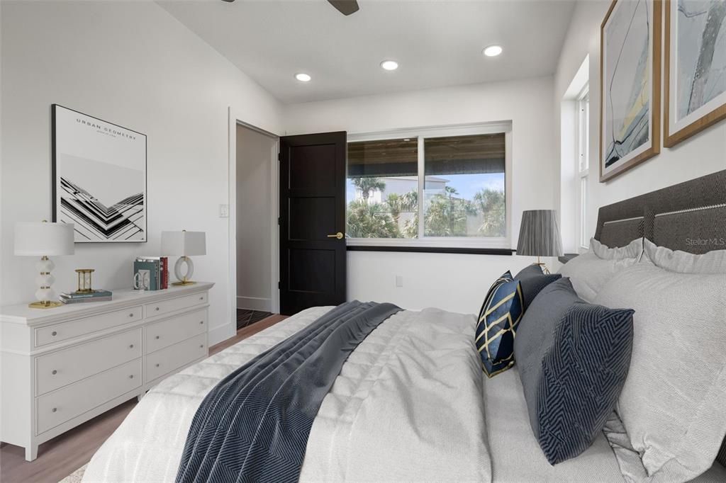 Bedroom, Interior, Recessed Lighting, Wood Texture Flooring