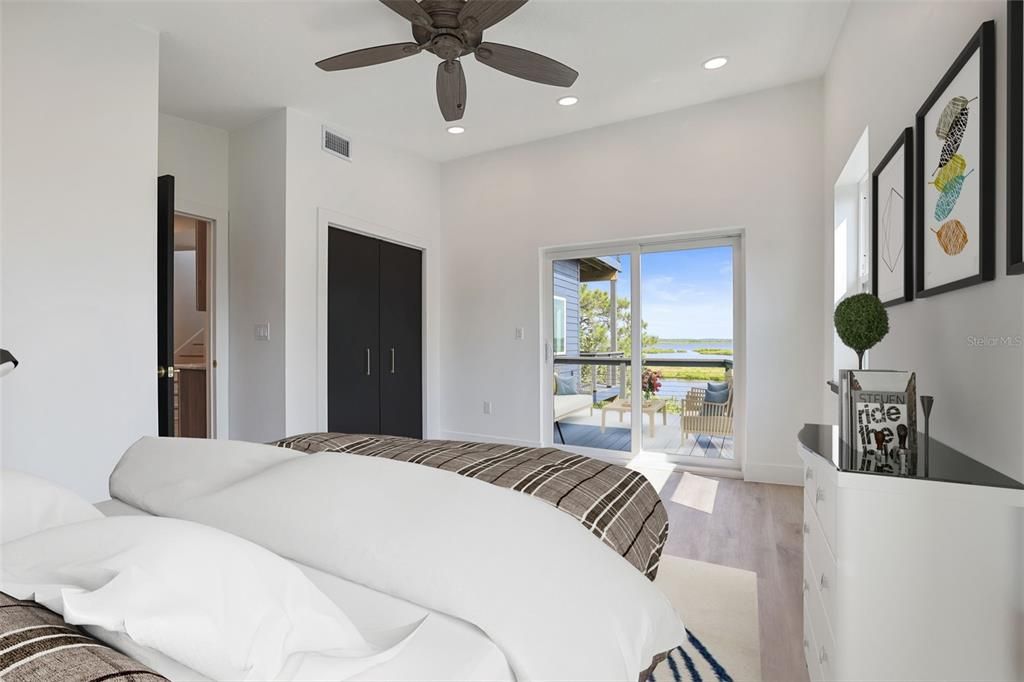 Bedroom, Interior, Recessed Lighting, Water, Wood Texture Flooring