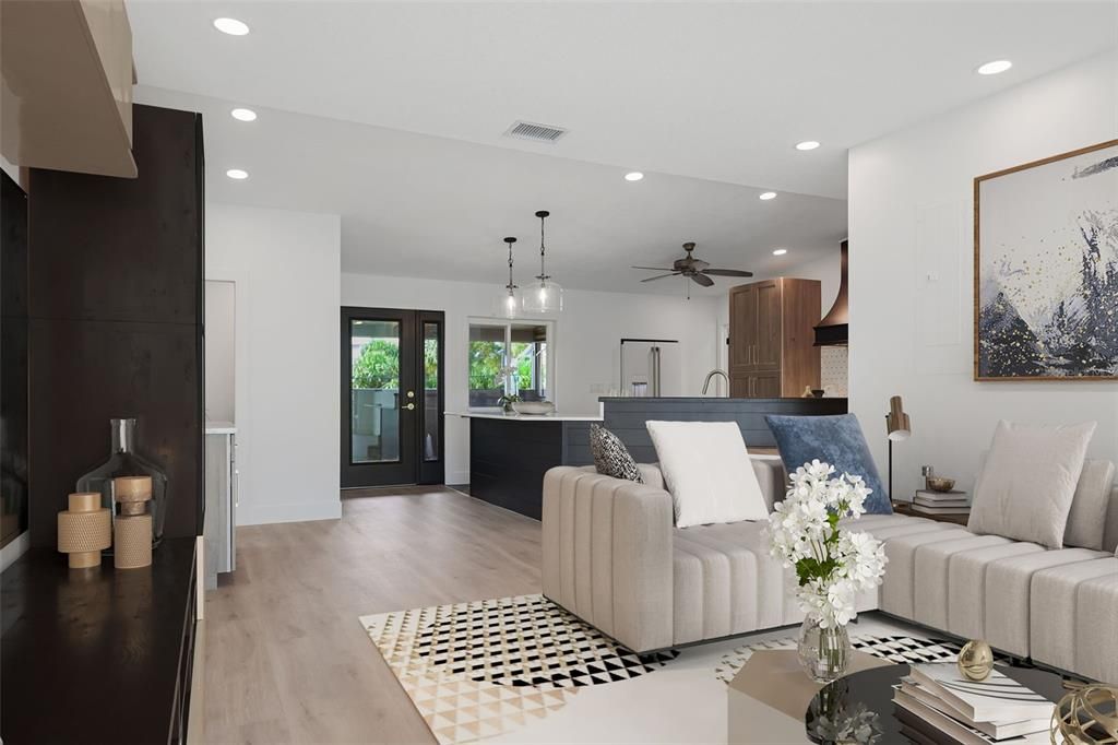 Interior, Kitchen, Living room, Pendant Lights, Recessed Lighting, Wood Texture Flooring