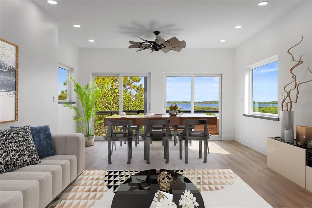 Dining room, Interior, Recessed Lighting, Water, Wood Texture Flooring