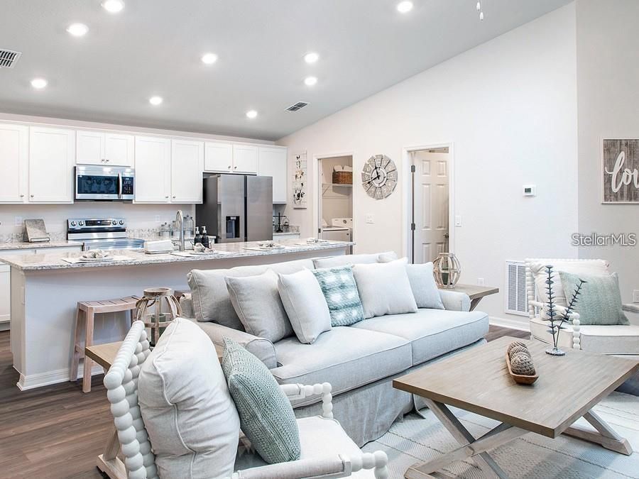 Interior, Kitchen, Living room, Recessed Lighting, Stainless Steel Appliances, Wood Texture Flooring