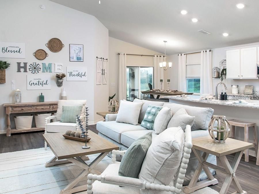 Interior, Kitchen, Living room, Pendant Lights, Recessed Lighting, Wood Texture Flooring