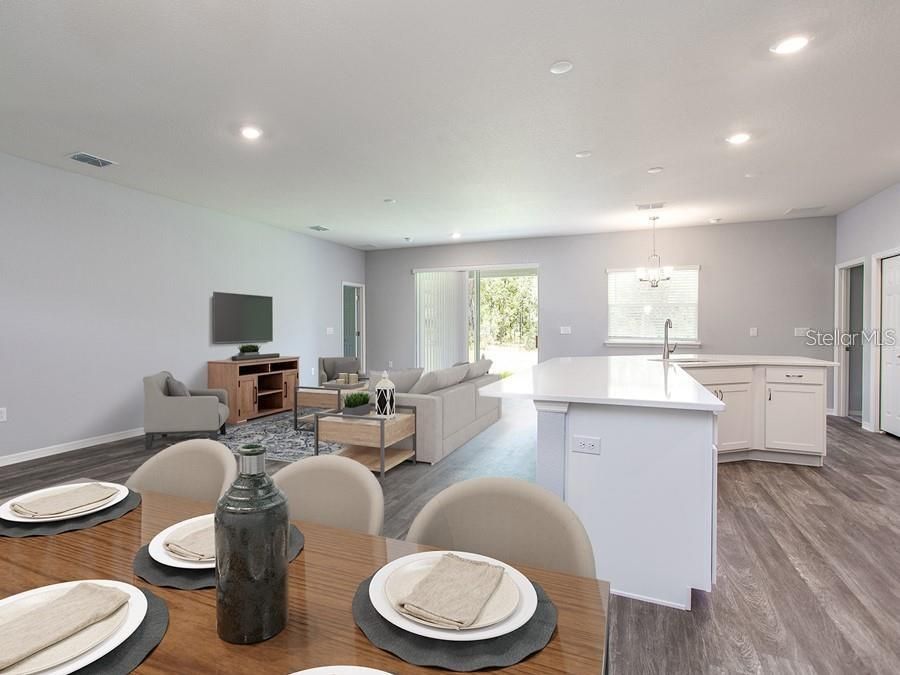 Dining room, Interior, Kitchen, Living room, Pendant Lights, Recessed Lighting, Wood Texture Flooring
